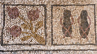 Pomegranate and sandal mosaics at Aya Trias Basilica