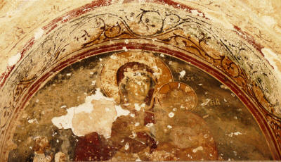 Fresco of the Virgin Mary at the porchway of Panaya Kanakaria church, North Cyprus