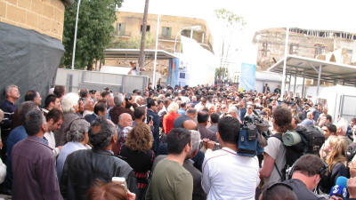 3rd April 2008. The crowds wait in anticipation for the opening of the new crossing point